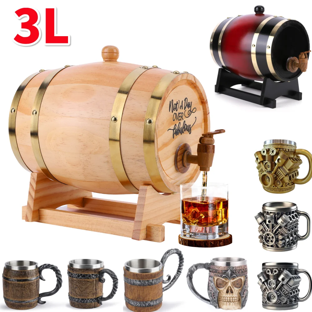 Wine With Beer Cocktail - 3L木製ウイスキー樽、スタンド、栓、注ぎ口付きワイン樽、ウイスキー樽ディスペンサー、カクテル、バーボン、ラム、テキーラ、ビール用