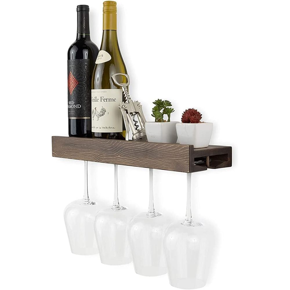 Wine Rack Wall Mount - 壁掛け木製フローティングワインボトルラック グラスホルダー付き ステムウェアシェル収納オーガナイザー - ホーム、キッチン、ダイニングルームB