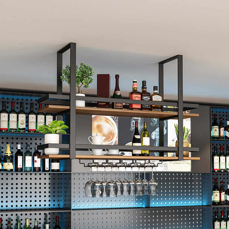 Wine Rack Wall Mount - シンプルな金属製錬鉄ハンガーシェルフバー、キッチン吊り下げ天井吊りキャビネット、ワインラック、ワイングラス