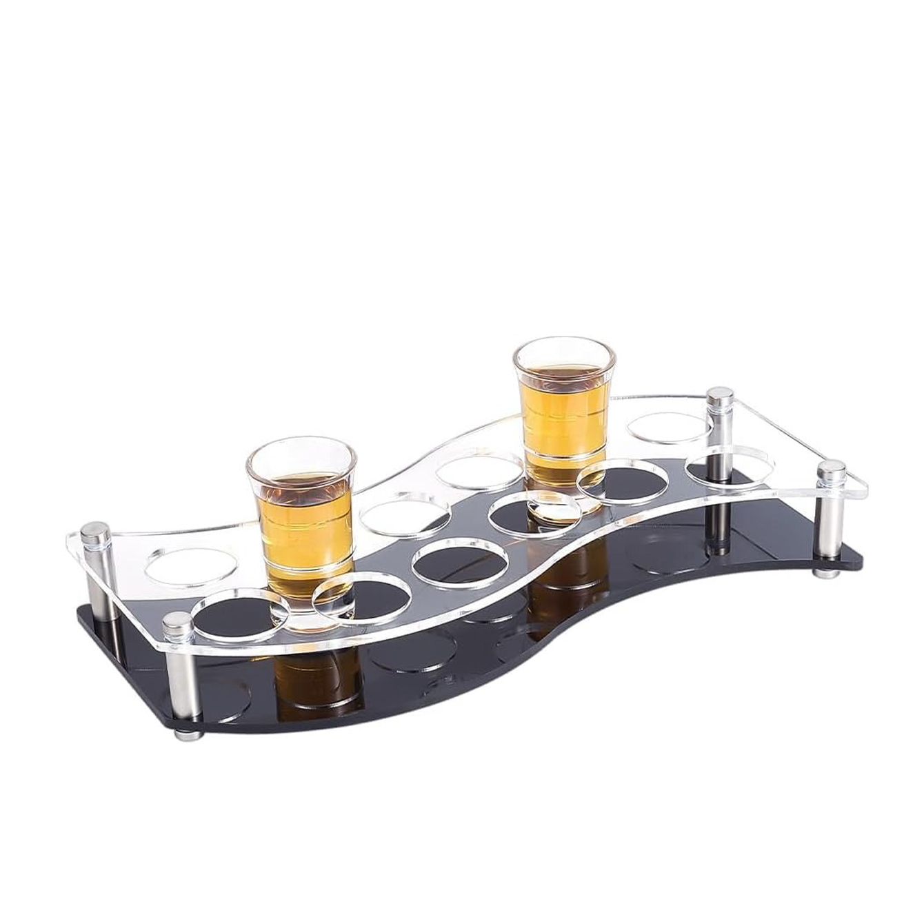 Wine Beer Rack - 12穴ショットグラスホルダー、3.8cm穴径ゴブレットサービングトレイラック、黒色ベース付きショットグラスサービングトレイ、ビールワイングラスディスプレイ