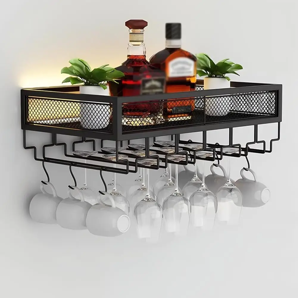 Wine Rack Wall Mount - LEDライトとステムウェアラック付き壁掛けワインラック、逆さまに設置できる金属製ワインボトルホルダー、ガード付き錬鉄製プラントスタンド