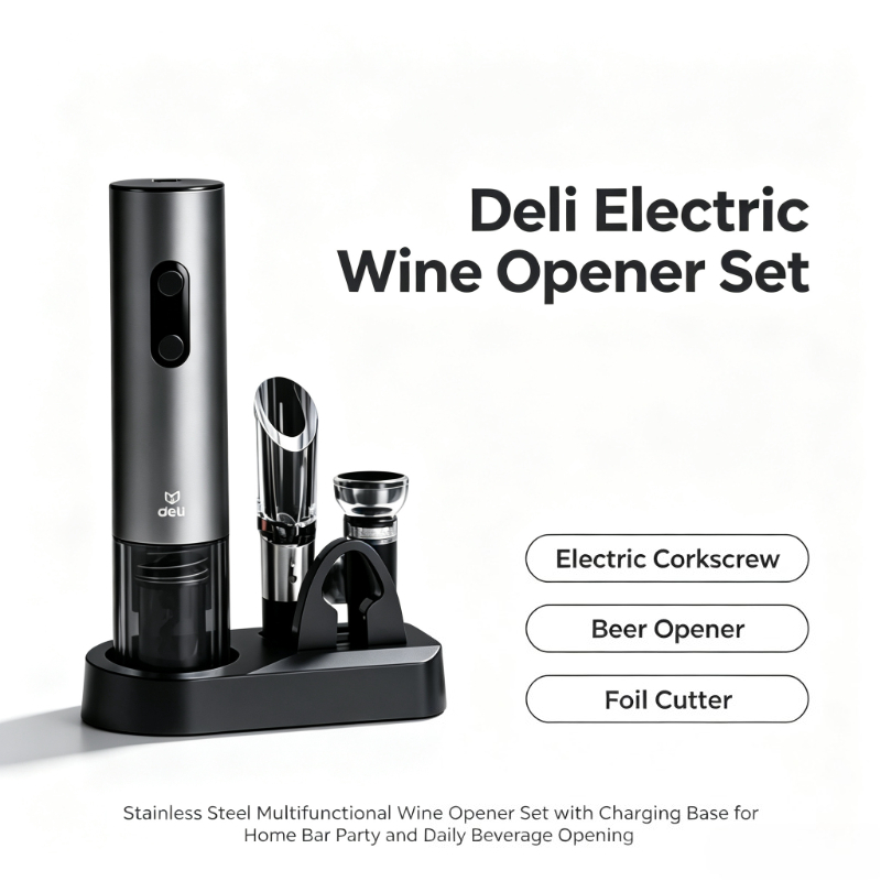 Wine Beer Deli - デリ電動ワインオープナーセット ステンレス製 多機能ワインコルクスクリュー ビールボトルオープナー 家庭用キッチンツール