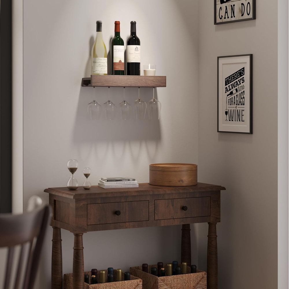 壁掛け木製フローティングワインボトルラック グラスホルダー付 - Wine Rack Wall Mount のレビューと価格