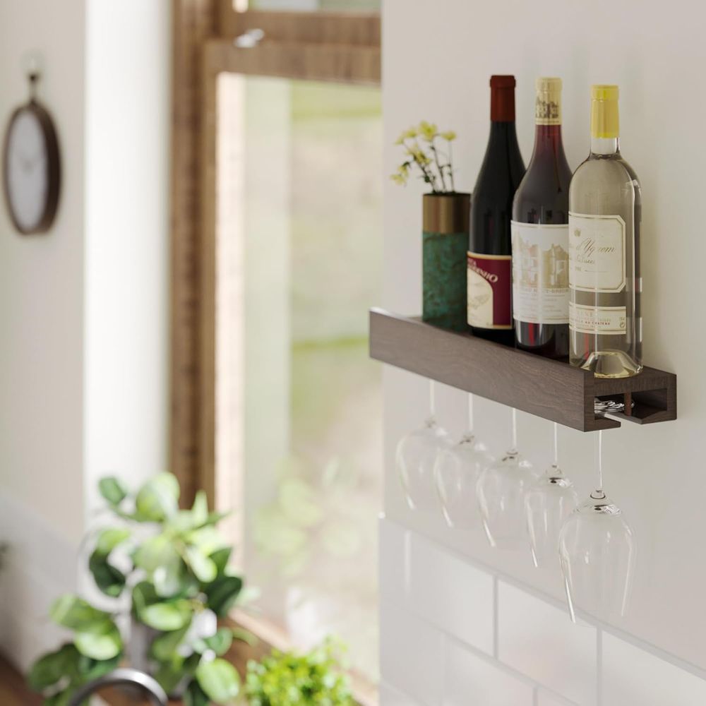 壁掛け木製フローティングワインボトルラック グラスホルダー付 - Wine Rack Wall Mount のレビューと価格