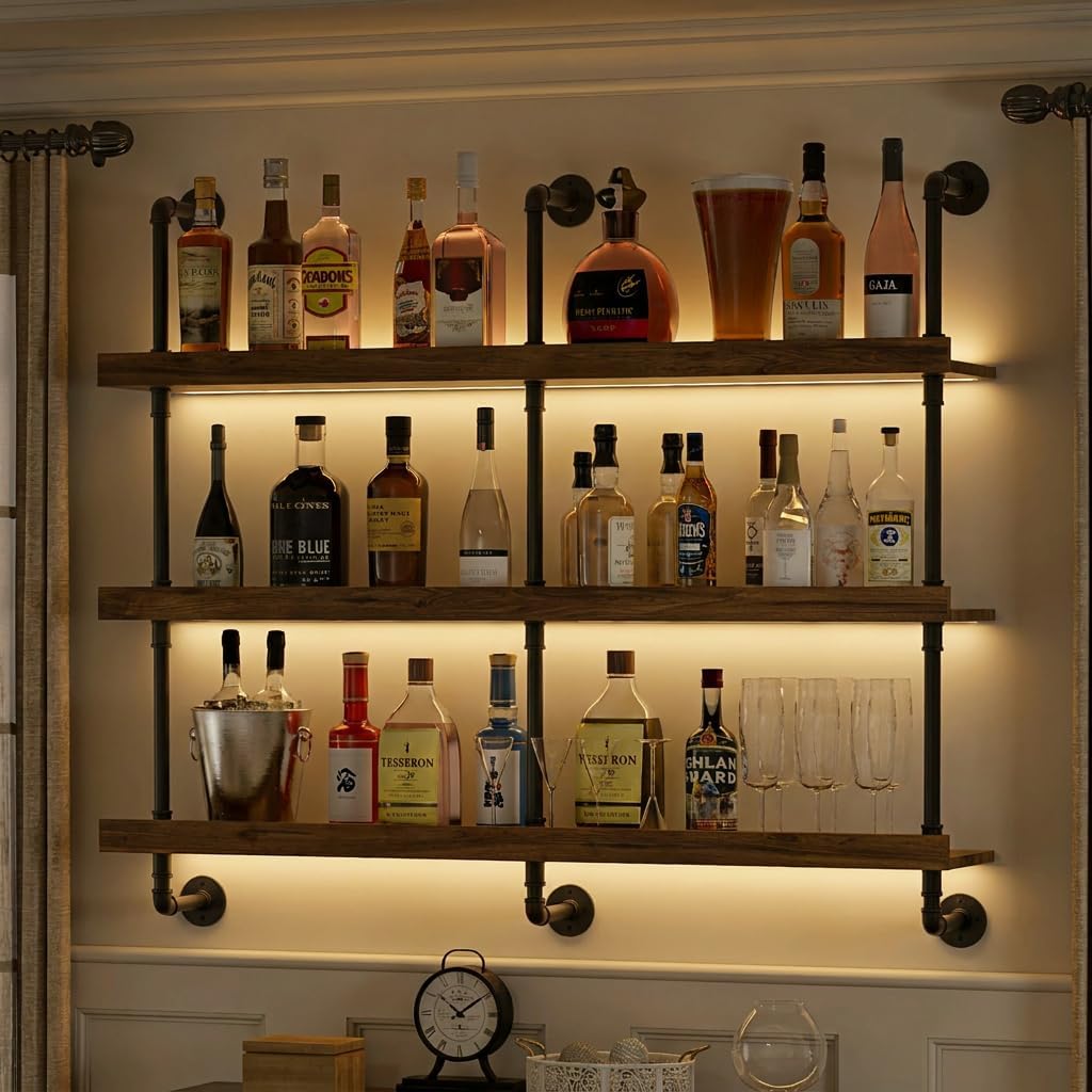 壁掛けワインラック LEDライト付き 3段フローティングバー - Wine Rack Wall Mount のレビューと価格